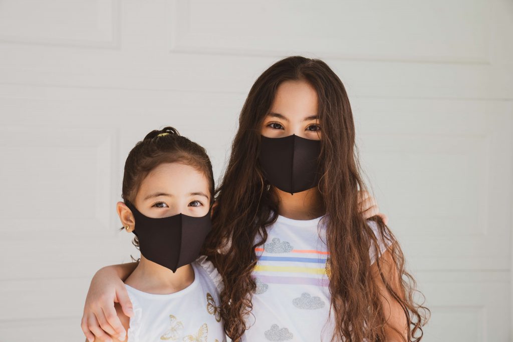 2 girls looking at the camera wearing black masks